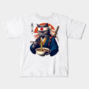 Samurai Cat Eating Ramen Kids T-Shirt